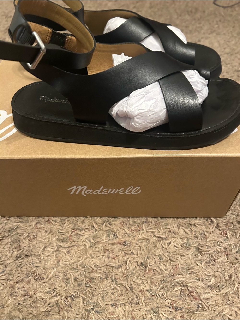 Natasha Couture Black Leather Crisscross Ankle Strap Sandals - Picture 4 of 7